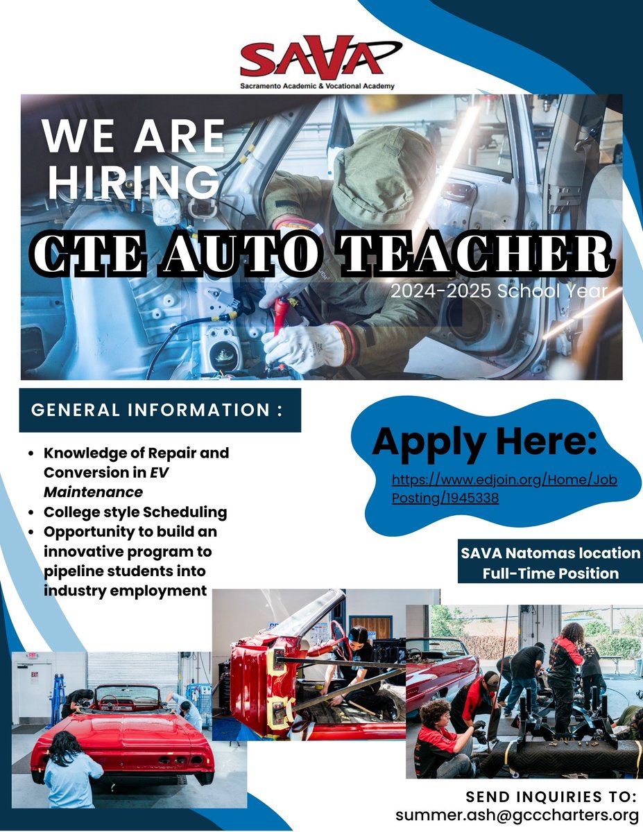 SAVA_Charter's tweet image. 🔧🚗Passionate about cars and education? We&apos;re hiring! Join our team as a CTE Auto Teacher and ignite young minds in the world of automotive technology. Apply now and drive your career forward! #savacharter #gcccharters #elevelateourimpact @gcc_charters @SAVA_lowriderEV