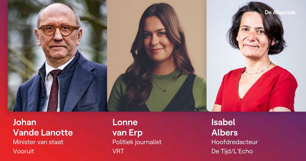 Straks in #deafspraakopvrijdag: Johan Vande Lanotte, <a href="/lonnevanerp/">lonnevanerp</a> en <a href="/italbers/">Isabel Albers</a>. Om 20u35, op VRT Canvas