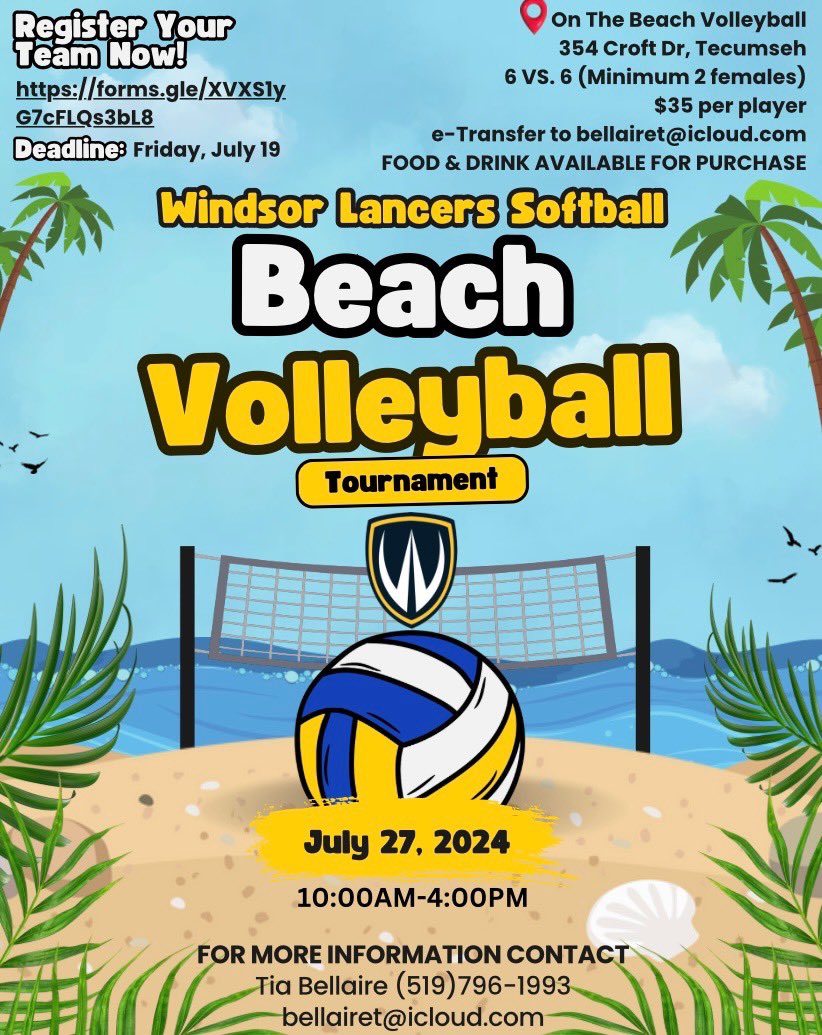 🏐BEACH VOLLEYBALL TOURNAMENT🏐

Join us on Saturday, July 27th, at On The Beach in Tecumseh from 10am-4pm for our beach volleyball fundraiser tournament!!

Register by July 19th, using this link:

forms.gle/XVXS1yG7cFLQs3…

See you there!!☀️🌴
