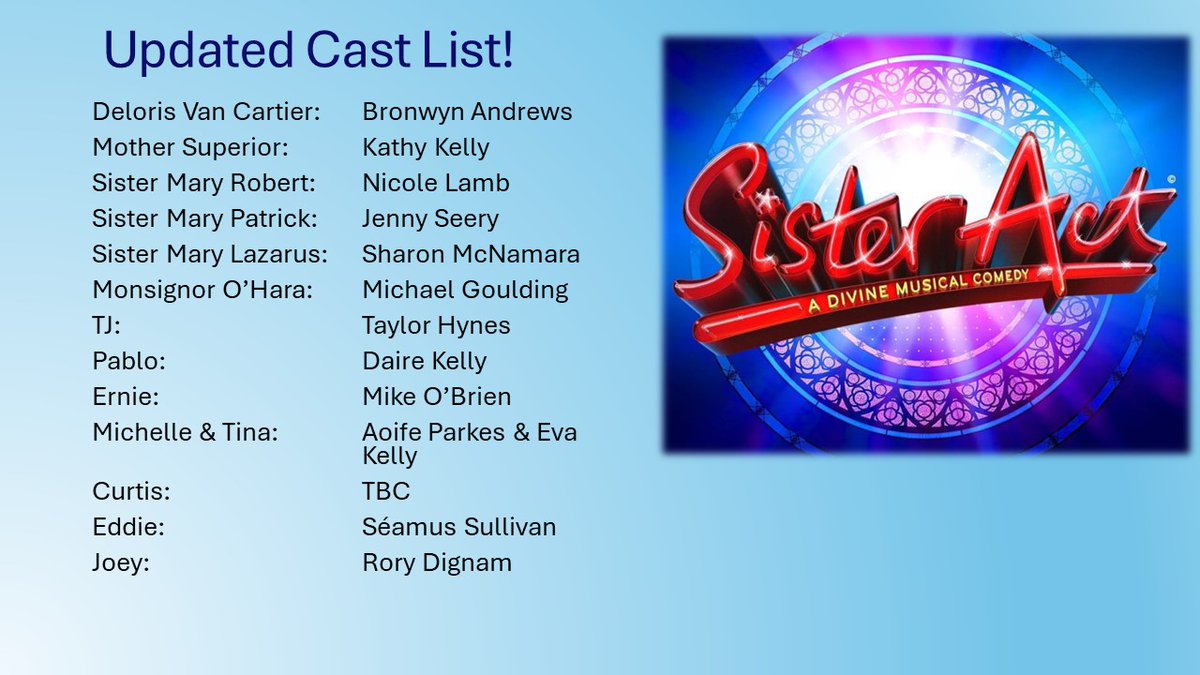 We are delighted to announce further castings for Sister Act, taking place from Tuesday 12th to Saturday 16th of November at 7.30pm in Draíocht.
We are delighted to welcome Séamus Sullivan as Eddie and Rory Dignam as Joey to add some extra fabulousness to our already amazing cast