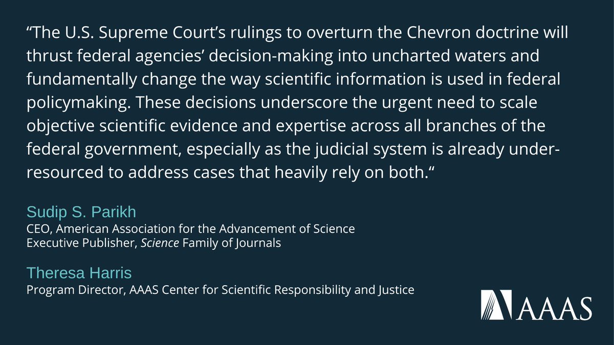 🔔 #SCOTUS overturns the Chevron doctrine. This will fundamentally change federal decision-making as courts increasingly review science behind rules. AAAS is poised to support the urgent need to scale expertise and evidence in the judiciary. Learn more: brnw.ch/21wL1nw