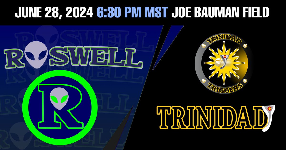 roswellinvaders's tweet photo. Trinidad Triggers at Roswell Invaders at Joe Bauman Field.
6/28/2024 6:30 PM
Pecos League Baseball.  

Tickets $10 at https://t.co/Td1l6arhhs

Watch Live at https://t.co/KAclTz6zBk https://t.co/O3uzI6GR2l