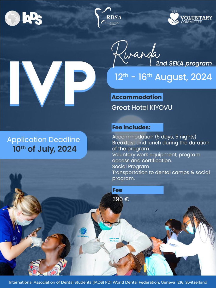 rdsarwanda's tweet photo. SEKA international voluntary program, an iniatiave designed to serve underseved communities all over the world is initiated by International Association of Dental Students @iadsweborg Now will be happening in rwanda in August 2024 by #RDSA.
@RwandaHealth @UCmhs https://t.co/hMYYyGjV7G