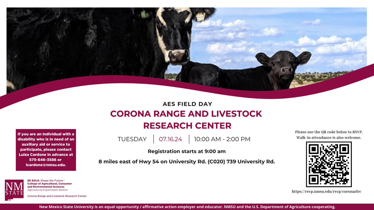 You are invited! On July 16th the Corona Range and Livestock Research Center will host its annual Field Day! Registration will start at 9:00 am and poster presentations will start promptly at 10:00 am. Scan the QR code to RSVP for this event. Walk-in attendance is also welcomed.