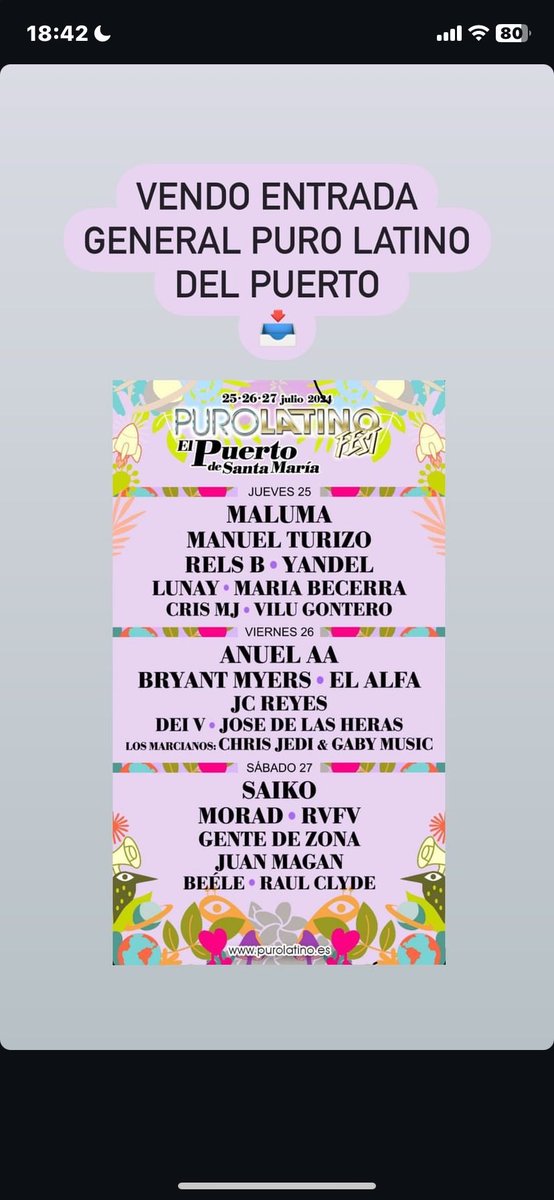 Se vende entrada general Puro Latino del Puerto de Santa María.
📥📥📥📥📥📥📥📥📥
