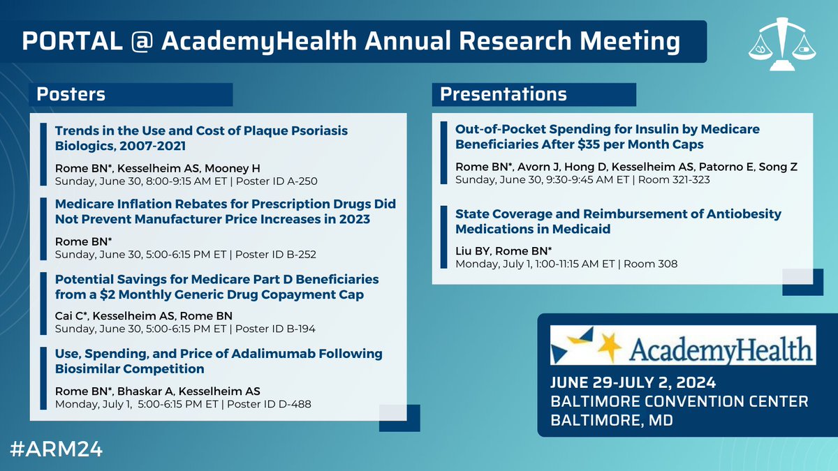 Ben Rome (@bnrome) on Twitter photo For those attending <a href="/AcademyHealth/">AcademyHealth</a> #ARM24 , come check out what <a href="/PORTAL_Research/">Program On Regulation, Therapeutics, And Law</a> has been up to with some posters and presentations by me and @ChristopherLCai! For those attending <a href="/AcademyHealth/">AcademyHealth</a> #ARM24 , come check out what <a href="/PORTAL_Research/">Program On Regulation, Therapeutics, And Law</a> has been up to with some posters and presentations by me and @ChristopherLCai!