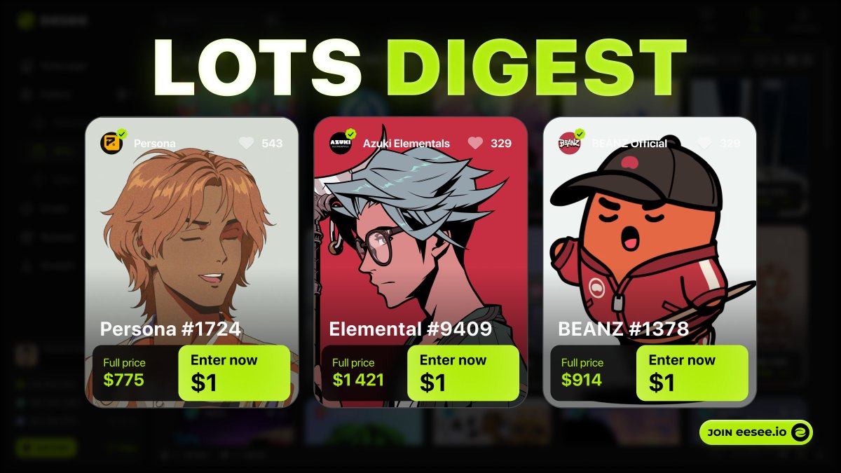 eesee best lots Digest 🚀

✅ As we're aggregating top NFTs from <a href="/opensea/">OpenSea</a>, our users have a wide range to get at the best price on the market

Starting now, you can find a weekly digest of the most exciting lots, available for eesee users
Let's dive in to check out this week's