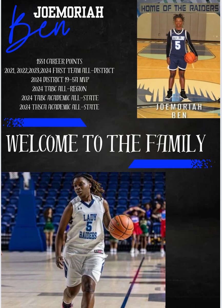 Welcome JoeMoriah Ben from Sterling High School to our Blinn College 2024-2025 Women’s Basketball team!⚔️💙