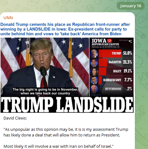 UnityNewsNet's tweet photo. David Clews, January the 16th, to much derision and mockery:

"It is my assessment Trump has likely done a deal that will allow him to return as President.

Most likely it will involve a war with Iran on behalf of Israel."

Has anything happened in the ensuing 6 months to prove him wrong?