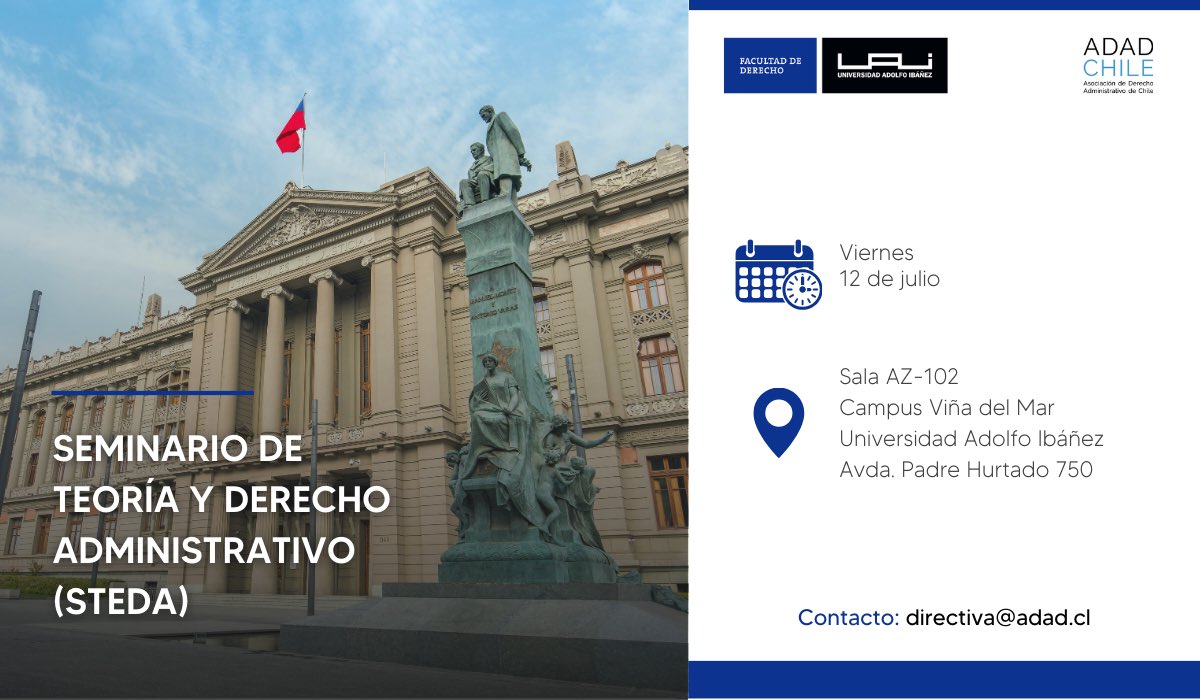 DERECHO ADMINISTRATIVO 🔵

Campus Viña del Mar <a href="/UAI_CL/">UAI</a> será sede de 2ª versión de Seminario de Teoría y Derecho Administrativo STEDA, evento académico de análisis en derecho administrativo, desde una perspectiva teórica. 
<a href="/DerechoUAI/">Derecho UAI</a>

 Inscripciones ↙️
acortar.link/26DPhm