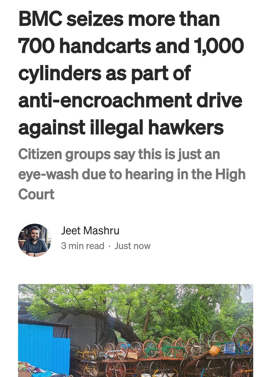 BMC seizes more than 700 handcarts and 1,000 cylinders as part of anti-encroachment drive against illegal hawkers.

Citizen groups say this is just an eye-wash due to hearing in the High Court.

Read here: medium.com/@mashrujeet/bm…