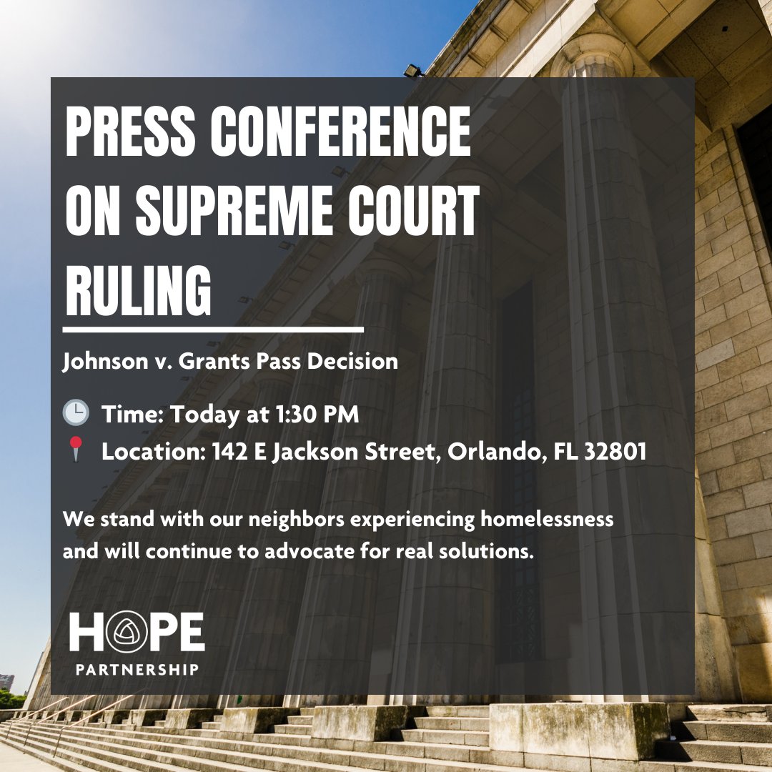 hpcfl's tweet photo. 📣 Join Us Today! 📣 The Supreme Court's devastating ruling in Johnson v. Grants Pass, allowing the criminalization of homelessness, deeply impacts our community. Attend a press conference as we address this issue.
🕒 Today at 1:30 PM
📍 142 E Jackson St, Orlando, FL 32801 https://t.co/qcno0V6oR9