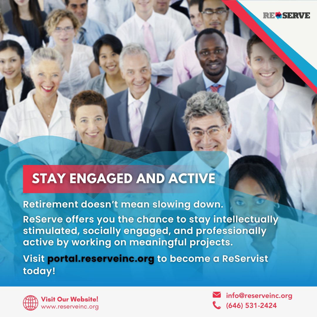 ReServeInc's tweet photo. Join us at ReServe where we'll help you stay engaged with the community and intellectually stimulated! If you're an older adult (55+), become a ReServist and let us place you in a job!

#OlderAdults #SeniorEmployment #ReServe #ReServists https://t.co/sDzIB4tLvk