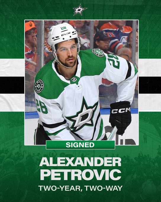Dallas Stars Signing Graphic: a green graphic with a white-black-white set of stripes behind the photo to emulate the stars home jersey

Signed
Alexander
Petrovic
Two-Year, Two-Way

A photo of Petro in action with the Stars