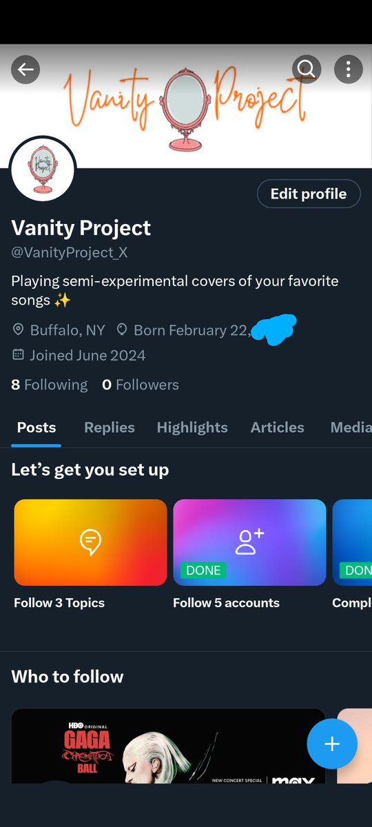 QueenCityKayt's tweet image. So I started a new page for my little band but I never got a notification after I followed myself on this account and when you search for @VanityProject_X nothing comes up. Nothing happens when I click to follow 3 topics either. Can I get some @Support over here?