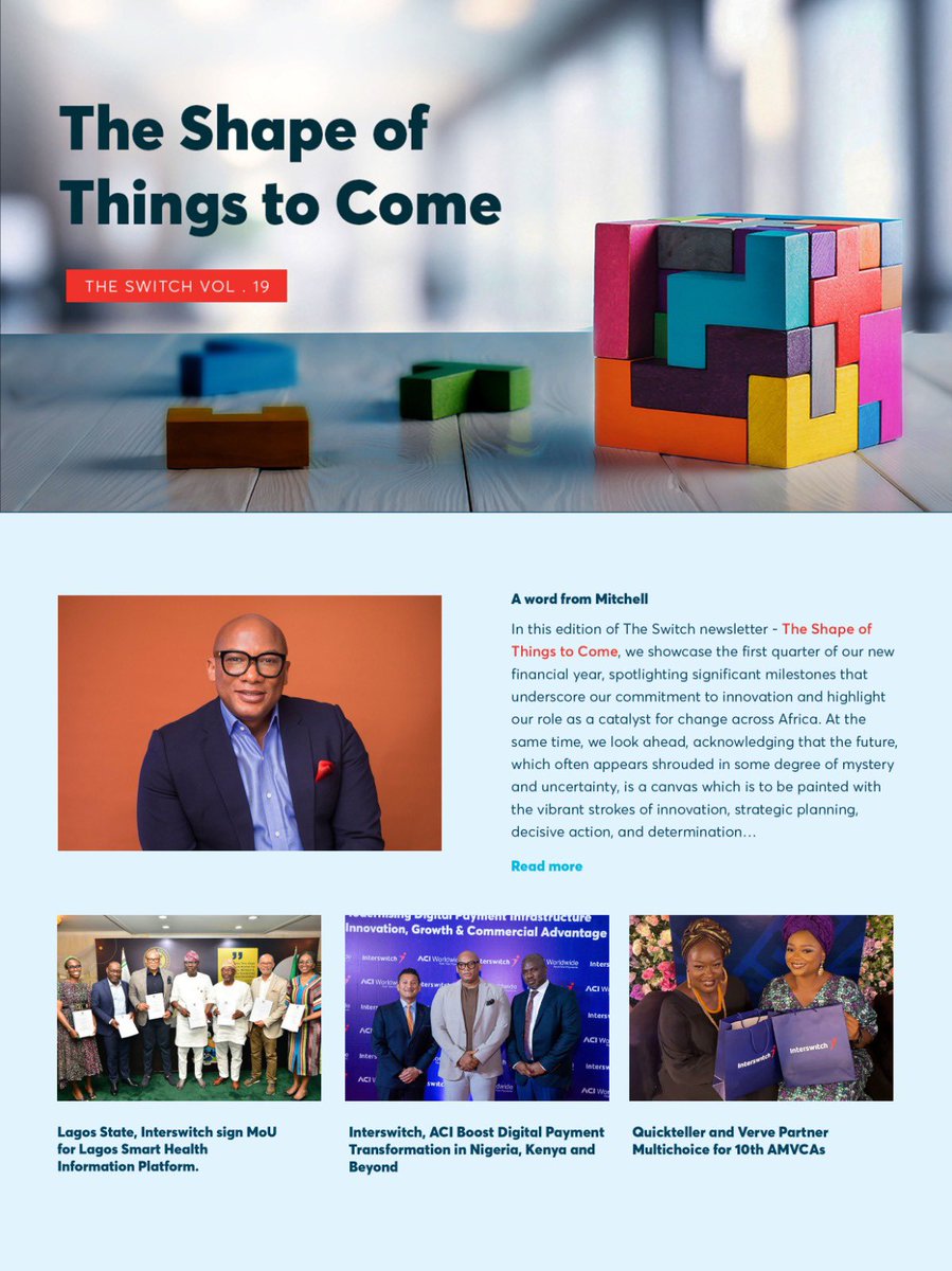InterswitchGRP's tweet photo. As we embark on a new financial year, we are excited to share the latest edition of #TheSwitch newsletter - “The Shape of Things to Come.”
Click here to read https://t.co/M7zwyxwRyN
#NeverS20P
#TheSwitchEffect
#TheShapeOfThingsToCome https://t.co/2z6II9xV5Q