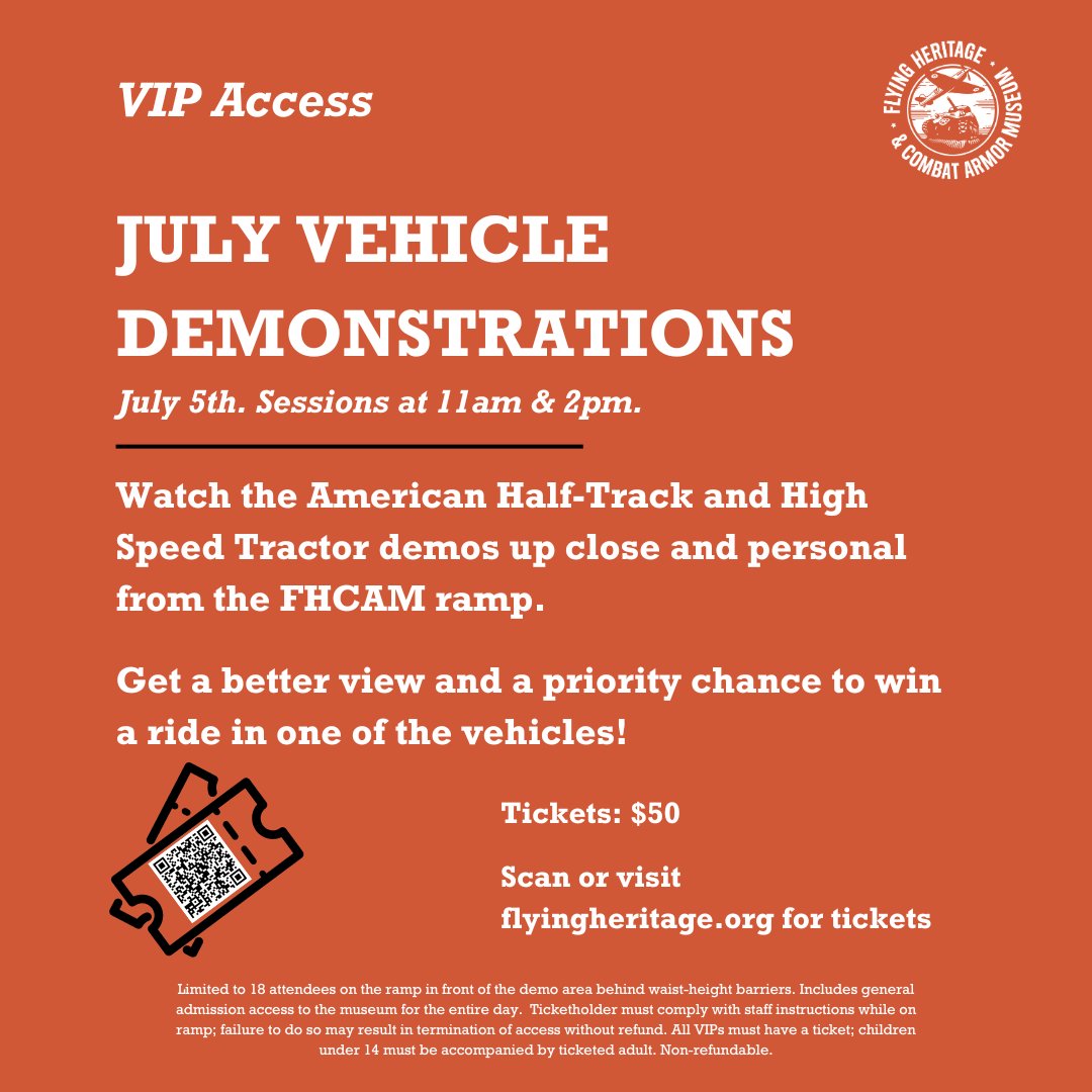 This July 5th, join us for High-Speed Tractor and American Half Track Demo Day! We will have two time slots at 11am and 1pm. VIP tickets are available for purchase to watch the demos up close, and a priority chance to win a ride in one of the vehicles! Link in bio for tickets!