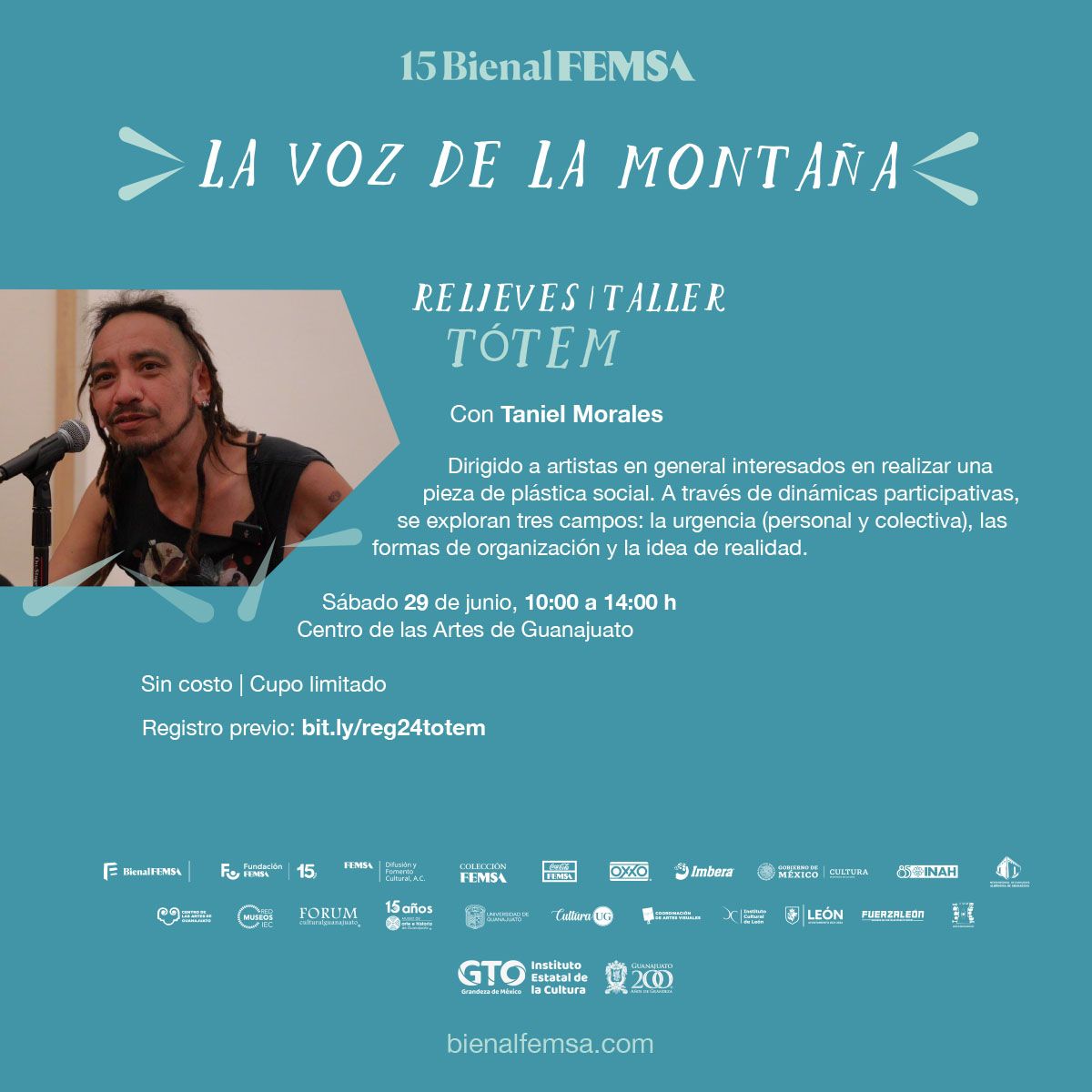 culturagobgente's tweet photo. Como parte de la sección Relieves de la @BienalFEMSA, Taniel Morales ofrece mañana un taller de plástica social en el @CeargOficial. Regístrate gratuitamente en https://t.co/mFn5l8WFMX https://t.co/bSzGlN0nYO