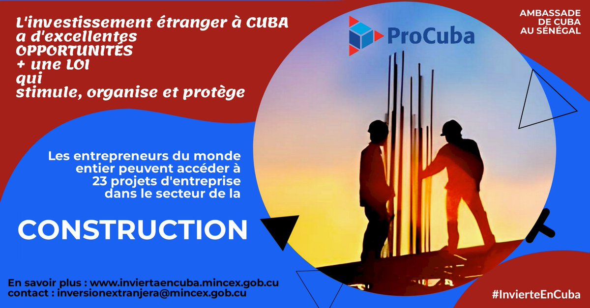 embacubasen's tweet photo. 👋 Les opportunités d'investissement à #Cuba🇨🇺 comprennent plusieurs projets dans le secteur de la construction. La production de matériaux, la recherche et la production de biens et de services exportables font partie des options. 

Plus info 👇
🔗 https://t.co/EIXIdITHxF https://t.co/6WTJhw5CNr