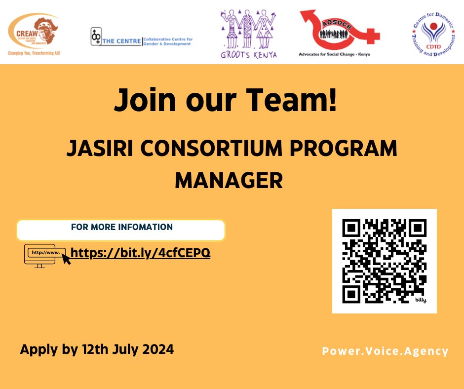 📣IKO KAZI📣

The Jasiri Consortium seeks to retain a program manager who will coordinate the day-to-day implementation of the program. 

Click here for more information home.creaw.org/job/jasiri-con…