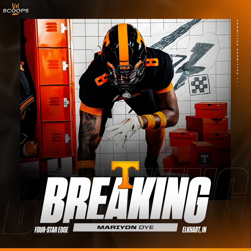 BREAKING: Four-star EDGE Mariyon Dye has COMMITTED to Tennessee! 🍊

The 6’5 270 Elkhart, Indiana native is ranked as a Top-40 player and the No. 5 EDGE in the 2025 Class according to On3 Rankings. 📈

Dye chose the Volunteers over Ohio State 🔥