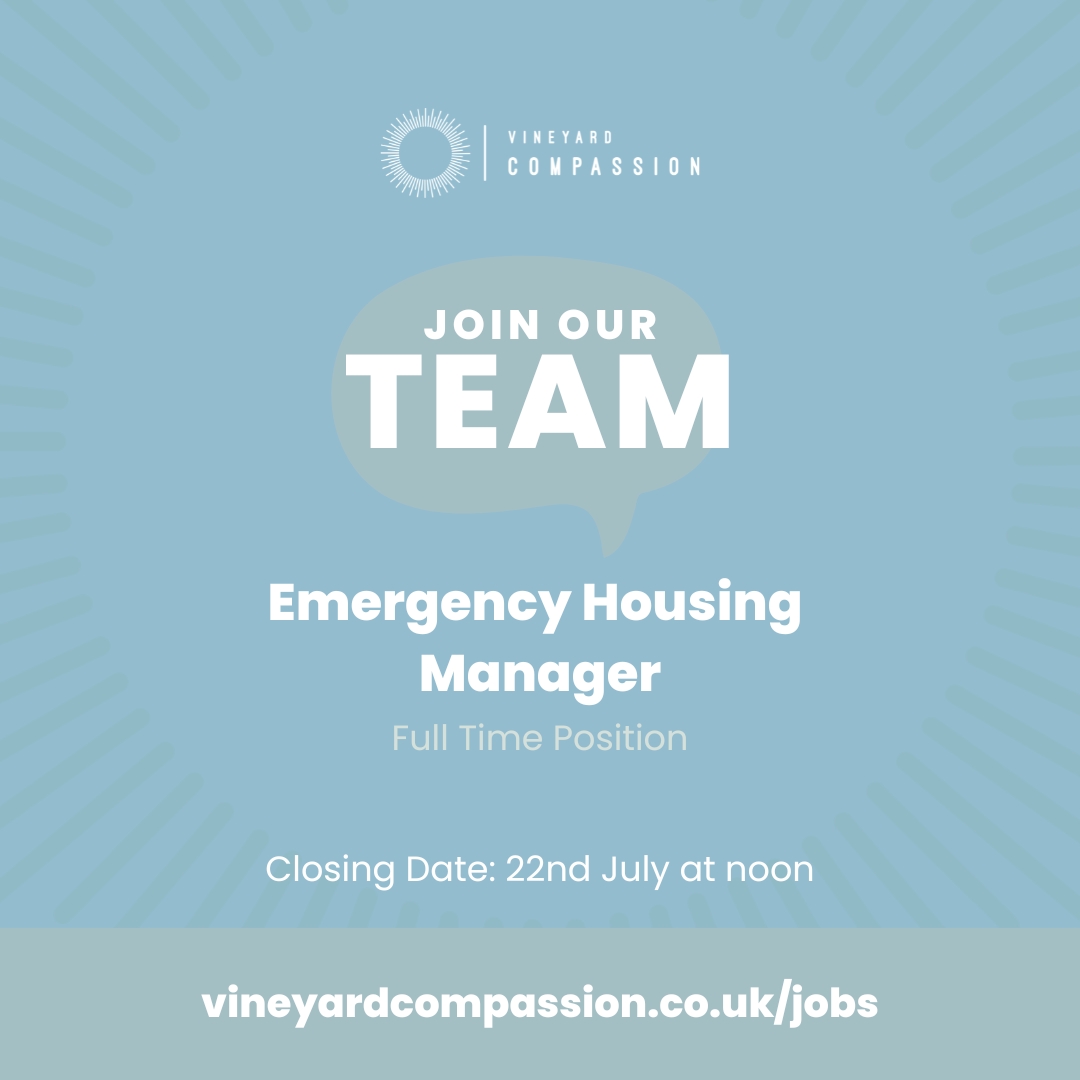 VinCompassion's tweet photo. Vineyard Compassion are hiring for an Emergency Housing Manager. If you are passionate about social justice, tackling local poverty and seeing people move from crisis to full potential, then we would love to hear from you.  
https://t.co/4toN6rh7p2
Closes: Noon, Monday 22nd July. https://t.co/5dLNrlBpnH