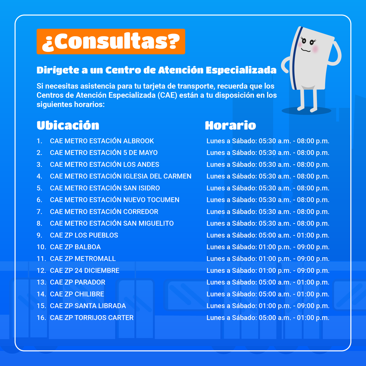TarjetaMetrobus's tweet photo. ¿Tienes algún problema con tu tarjeta de 🚇 @elmetrodepanama o 🚌 @oficialmibus? ¡No te preocupes! Nuestros compañeros en los Centros de Atención Especializada están listos para ayudarte a resolverlo. 🧐💼 #Titatips #CAES #metrodepanama https://t.co/O8GU2gADt5