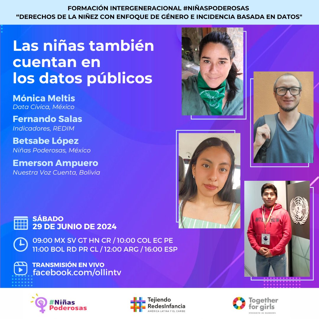 tejiendoredesi's tweet image. 📌¡Este sábado, acompáñanos en el sexto webinar quincenal!

&quot;Las niñas también cuentan en los datos públicos&quot;

⏰09:00 hrs (CDMX)
🔴Sigue la transmisión en vivo por facebook.com/ollin.tv

Invitan: Tejiendo Redes Infancia y @together4girls 
@datacivica @derechoinfancia