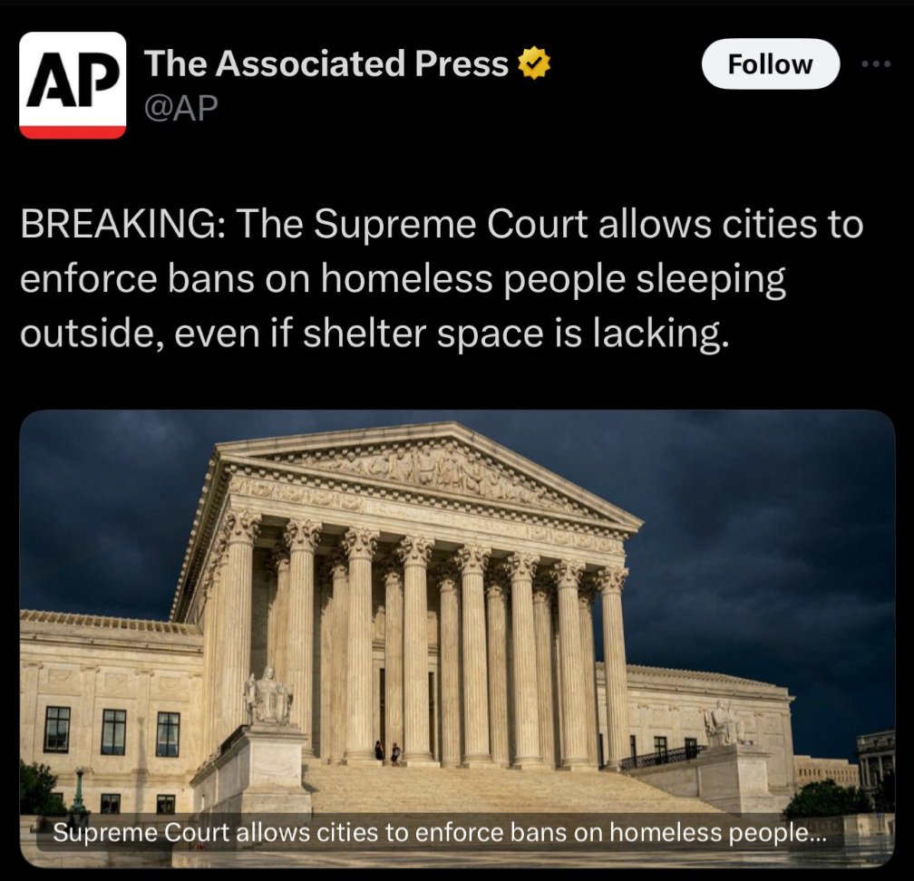 The U.S. Supreme just said cities can ban homelessness.

WTAF? 😱 

The cruelty towards people living in poverty &amp; without housing just keeps growing.

THIS ISN’T JUSTICE

Being homeless is not a personal choice, it's a POLICY CHOICE.