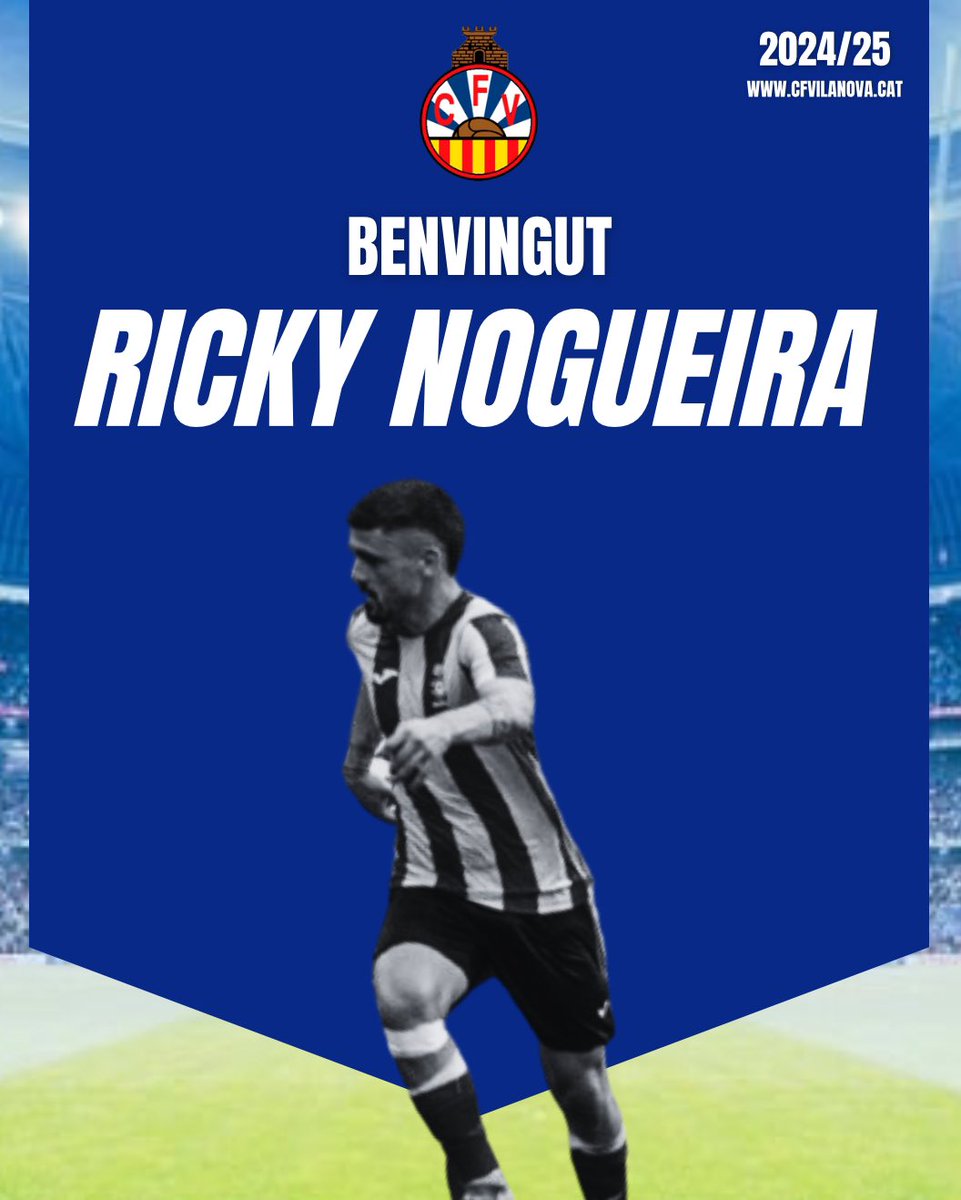 cfvng's tweet photo. ✍️  𝗙𝗜𝗧𝗫𝗔𝗧𝗚𝗘 | Ricky Nogueira, in da house‼️

El davanter tarragoní aportarà encara més pólvora a la davantera vilanovina‼️

Benvingut a Vilanova‼️

⚽️ Davanter
📆 27 anys
🛬 UE Valls

#OrgullVilanoví 🔵⚪️ https://t.co/Jfxa2BkkSr