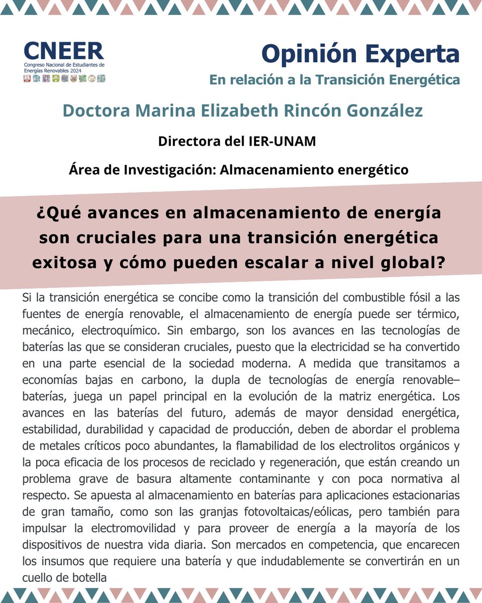 🌟 ¡Nueva edición de "Opinión Experta"! 🌟
La Doctora Marina, directora e investigadora en el #IER, comparte su opinión sobre la importancia de los avances en almacenamiento de energía y su papel en la transición energética. 
!Encuéntrala en X, LinkedIn y nuestra página web! 🔋⚡️