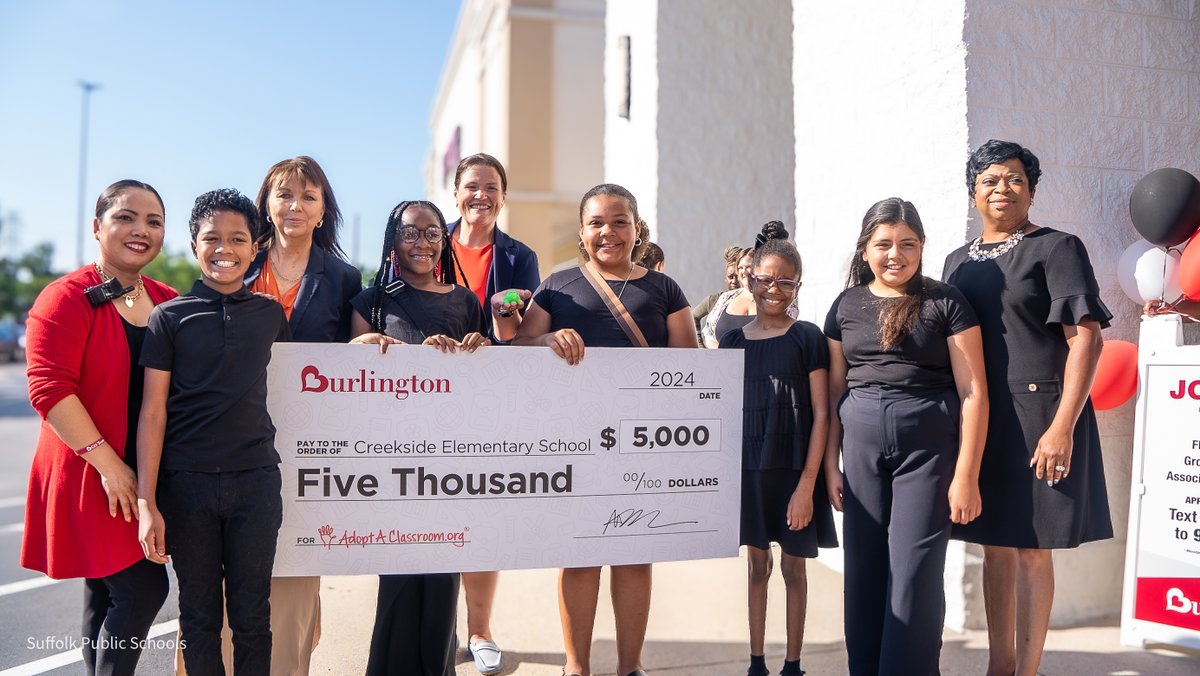 SufVAschools's tweet photo. Thanks to our new neighbors @Burlington for their $5K donation to Creekside Elementary School through @Adopt_classroom to help further our students’ education! #BurlingtonEmpowersStudents #SPSCreatesAchievers https://t.co/oabz4EZDZR