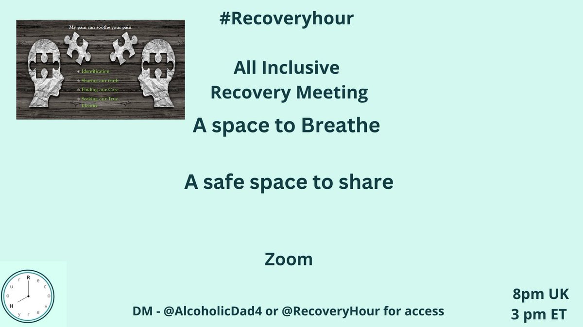 AlcoholicDad4's tweet photo. #RecoveryPosse
#Recoveryhour All inclusive Recovery meeting is a space for all in '#recovery to meet and share experiences
Friday Topic Meeting, Everyone seeking Recovery is Welcome https://t.co/dVlaaxSfcR