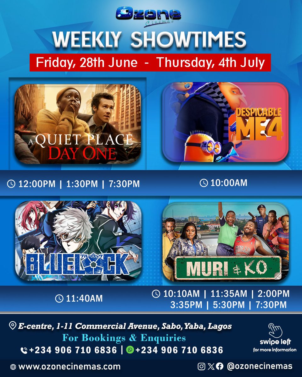 ozonecinema's tweet photo. #TGIF
Let’s light up your vibes this #weekend with these
#blockbuster #movies #nowshowing @ozonecinemas
#bigscreen #aquietplace #despicableme4 #bluelock #muri&ko #lakatabu #badboys #highercrime #insideout2 #watchers #offshoot #criminal https://t.co/rDJoiZbdps