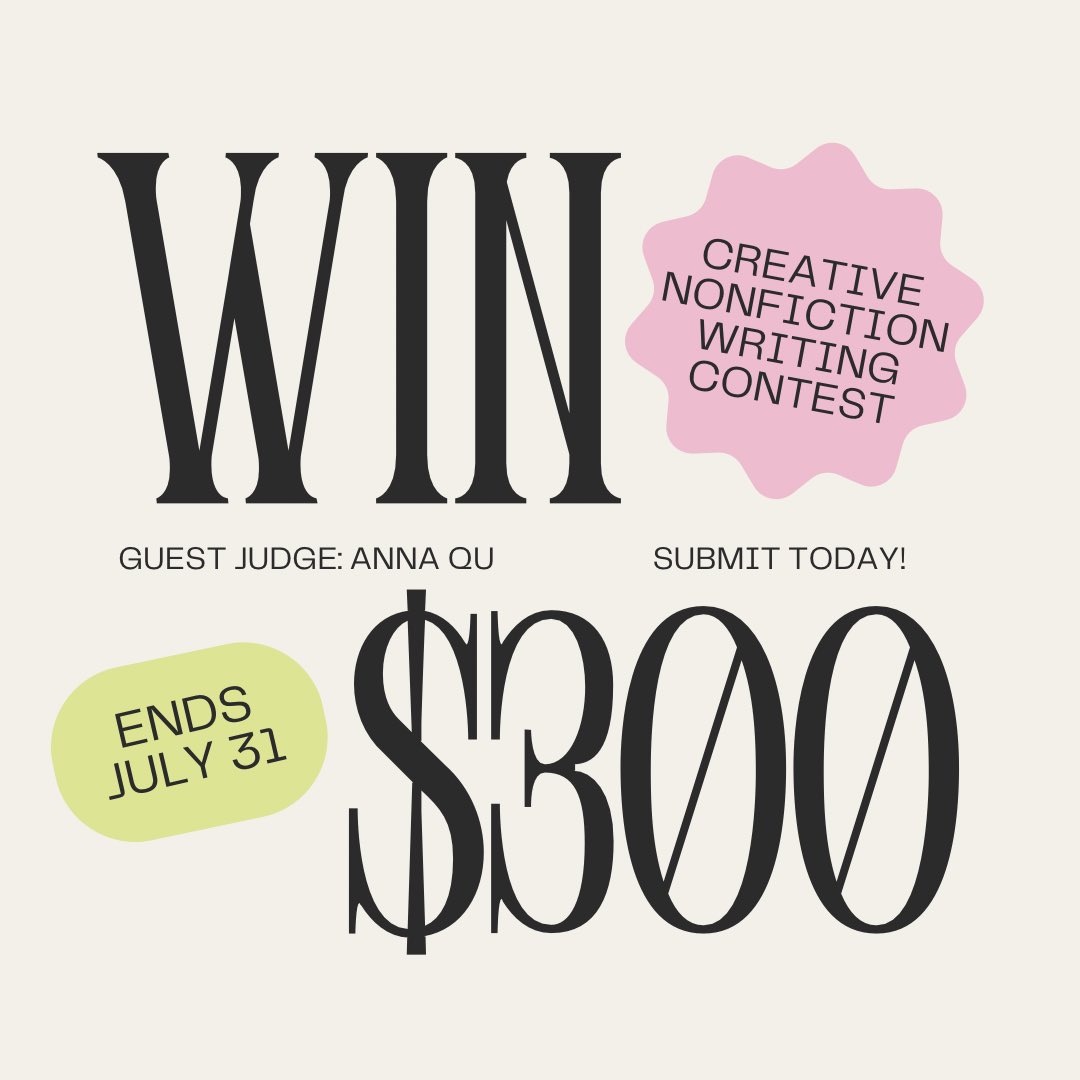 Barely South Review (@barelysouthr) on Twitter photo Time is running out! ⏰ One more month left to submit to our nonfiction writing contest (open through 7/31.) Have your work read by the amazing <a href="/annaqu/">anna mclintock</a> and there’s a chance to win $300! See more details on our submission page. We can’t wait to read your work! Time is running out! ⏰ One more month left to submit to our nonfiction writing contest (open through 7/31.) Have your work read by the amazing <a href="/annaqu/">anna mclintock</a> and there’s a chance to win $300! See more details on our submission page. We can’t wait to read your work!