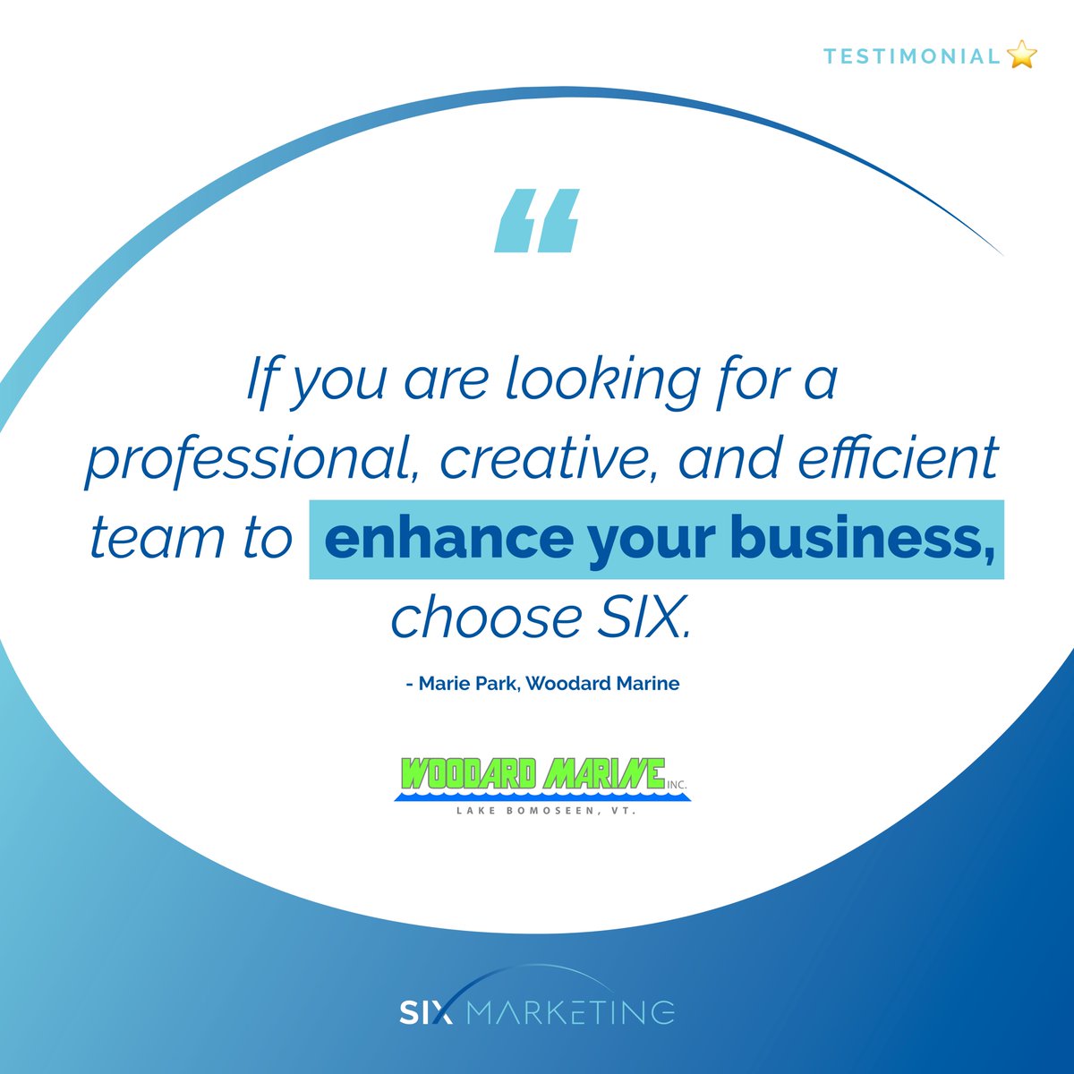 Wondering why your business should partner with SIX Marketing? Check out what our client and, more importantly, our friends at Woodard Marine had to say!

Intrigued? Email leah@six.marketing, and let's chat about how we can help your business grow! 📈

#customertestimonal