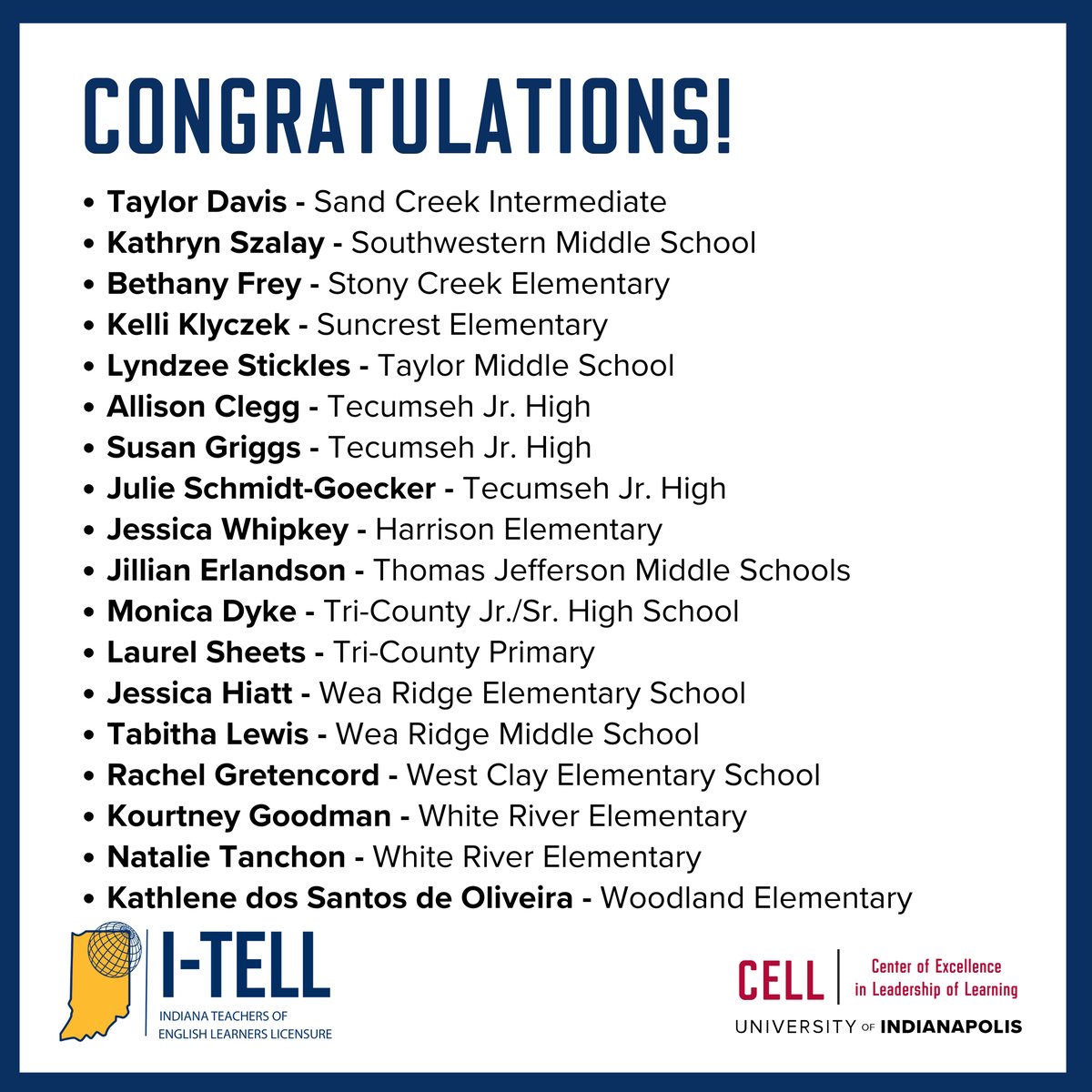 CELLuindy's tweet photo. Congratulations to these teachers who completed coursework through CELL’s #ITELL initiative to earn ENL licensure and become teachers of record for English learners! Learn more at https://t.co/KSnbPfyxzO
@EducateIN @HSESchools @NobSchools @csfhotdogs @LSClafayette @Valpo_Schools @TSCSuper @TSCSuper @myccs