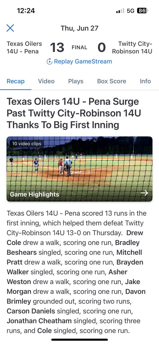Pitched a complete game shutout to send the team to the semifinals with a 13-0 win. Fastball sat around 71 and topped at 73. Also contributed a single and a walk for 3 RBIS. Looking for a ring tonight!