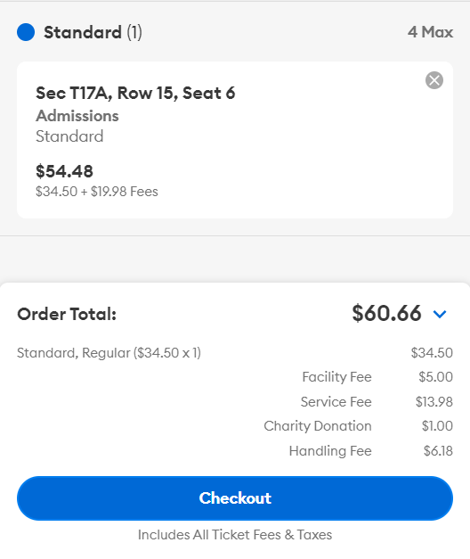 AlTheKiller's tweet photo. I hate this steaming pile of nazi shit that Elon has turned Twitter into. But I have to post this just to share how evil and greedy @axs is for the fees on these @SabrinaAnnLynn tickets. up to 76% of the face value of the ticket price is being charged in additional fees. https://t.co/G1FP7AkIve