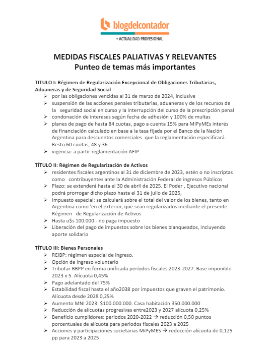 BlogDelContador's tweet photo. 🔴MEDIDAS FISCALES PALIATIVAS Y RELEVANTES: PUNTEO DE TEMAS MÁS IMPORTANTES

⏩Resumen de lo mas relevante del paquete fiscal sancionado ayer en Diputados.