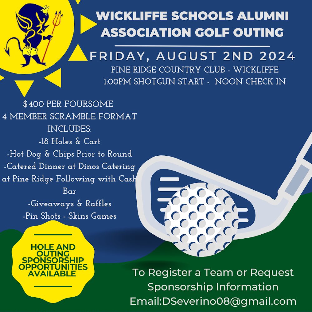 WickliffeAlumni's tweet image. Join us for our upcoming Golf Outing at Pine Ridge Country Club on August 2, 2024! ⛳️ 🌭☀️

📧 Email dseverino08@gmail.com to register or if you have any questions!