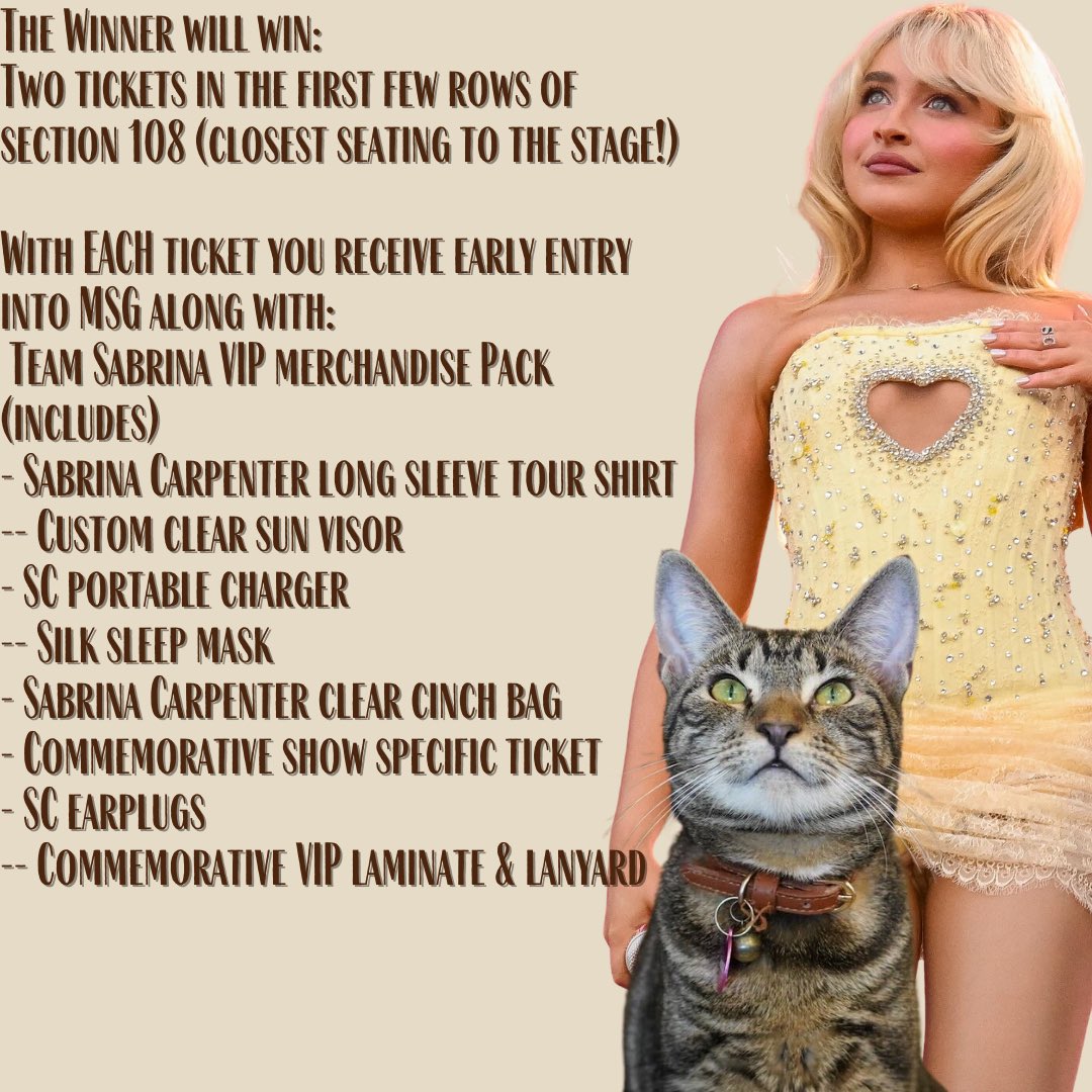 meowsquadnyc's tweet photo. 💗 Win Tickets to Sabrina Carpenter 💗

We are doing a raffle for 2 VIP tickets to Sabrina Carpenter at MSG on September 29th. All you have to do is click the link and support our kitties to enter 🥰 they beg you to please, please, please try your luck! 

https://t.co/6KYnxfAVx1 https://t.co/2OI5ei0X35