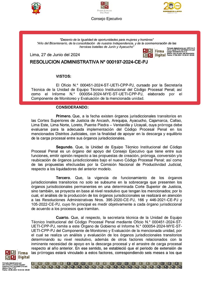 Jjquispe01's tweet photo. ¡#CEPJ DEL PODER JUDICIAL DESAPARECE SALA DE DDHH!
Javier AREVALO x RA N° 197-2024-CE-PJ (27JUN24) Resuelve:
1. A partir del 01JUL24 se CIERRA el turno d la 4ta. Sala Penal Superior Nacional Superior Nacional d Justicia Penal Especializada presidida x MILUSKA CANO LÓPEZ... 1/2 https://t.co/sG2Vo7zRsE