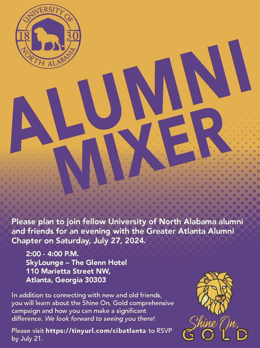 UNA_Alumni's tweet photo. Coming to an #AlumniChapter near you this summer. Join us in 📍Atlanta, GA on July 27.
RSVP at https://t.co/3WlsMu5oTt. #RoarLions #ShineOnGold ✨🌞 https://t.co/O60DzB0d2C