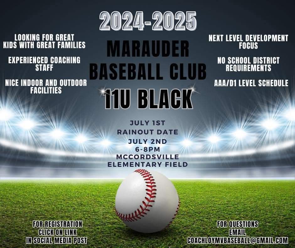 Several opportunities in July to join the Marauder Baseball Club. Find your age group and come earn a spot. <a href="/MarauderBC/">Marauder BC</a>