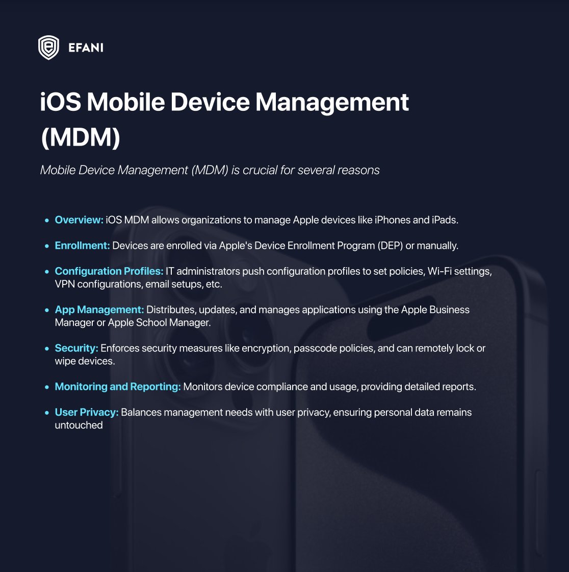 efani's tweet image. iOS Mobile Device Management (MDM) allows IT admins to configure, secure, and manage iPhones and iPads remotely, ensuring seamless updates, data protection, and compliance.

#iOSMDM #MobileDeviceManagement #iPhoneManagement #DataSecurity #RemoteManagement #Compliance