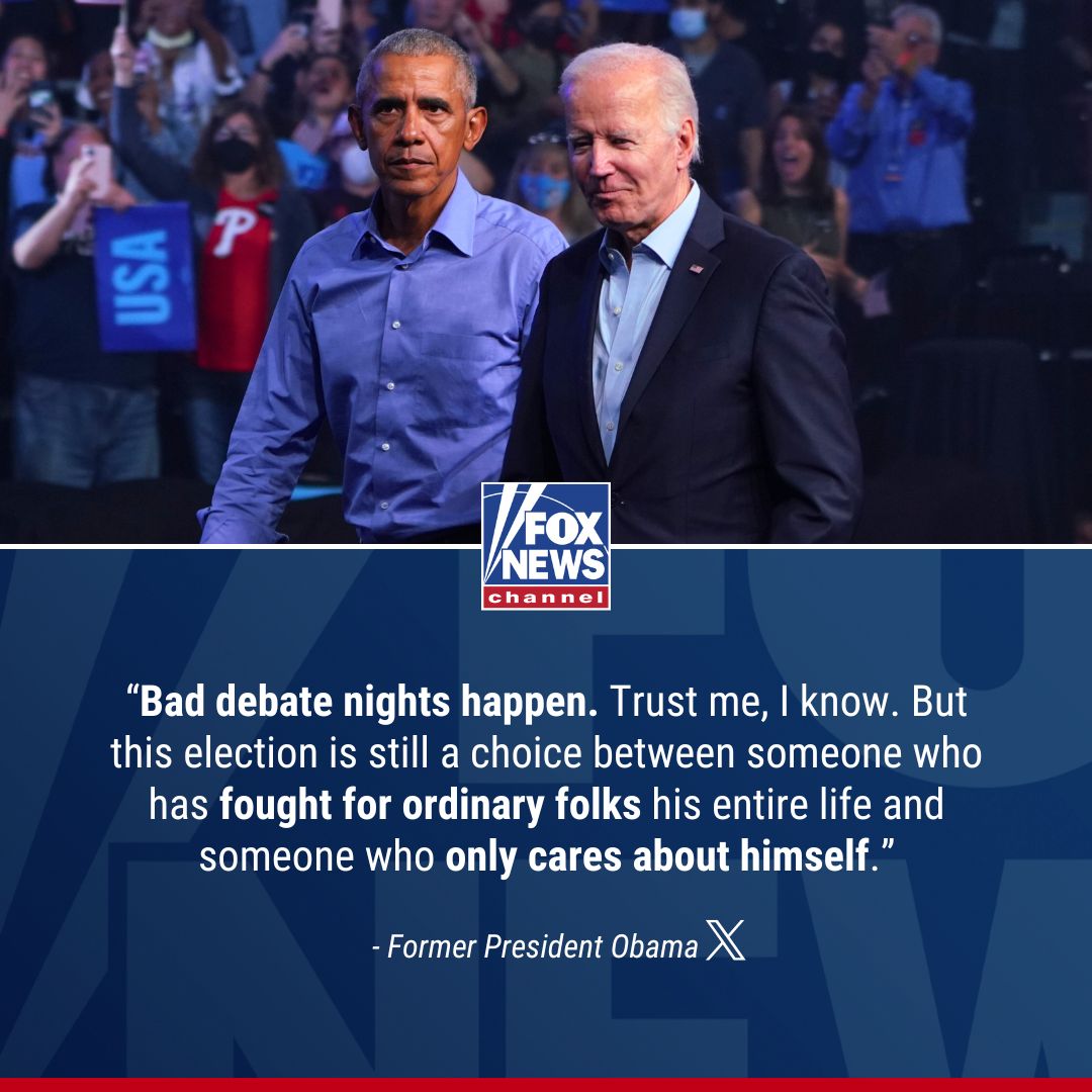 FoxNews's tweet photo. DAMAGE CONTROL: Former President Obama came out strong for his former VP after President Biden struggled throughout the first presidential debate, drawing widespread concern across the political spectrum about his fitness for office. https://t.co/nZmi3ec8TW