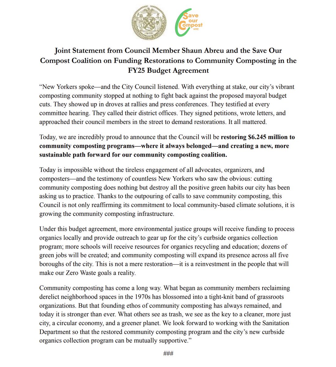 Council Member Shaun Abreu (@cmshaunabreu) on Twitter photo Community composting is being restored—all because you stood up for it. Read my statement with <a href="/SaveNYCCompost/">Save Our Compost NYC</a> here: Community composting is being restored—all because you stood up for it. Read my statement with <a href="/SaveNYCCompost/">Save Our Compost NYC</a> here: