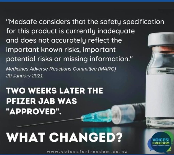 HopeRising19's tweet photo. WHY AND HOW? 

Something happened in the two week space between Medsafe refusing to consent the Pfizer vaccine because of 

MISSING SAFETY INFORMATION....  

And then reneging and consenting the product.  

Two weeks after making this statement, they consented the Pfizer Covid vaccine.  

They consented it with over 50 outstanding requests for further data remaining.