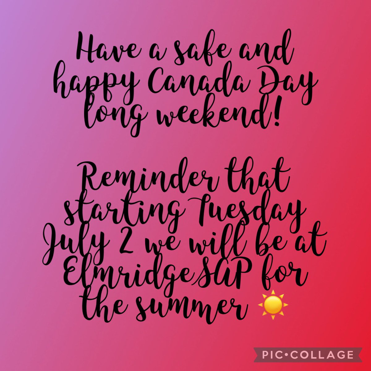 Reminder: We are closed Monday July 1st for Canada Day 🇨🇦 
We will see our families <a href="/ElmridgeSap/">Elmridge School Age Program</a> starting Tuesday July 2!